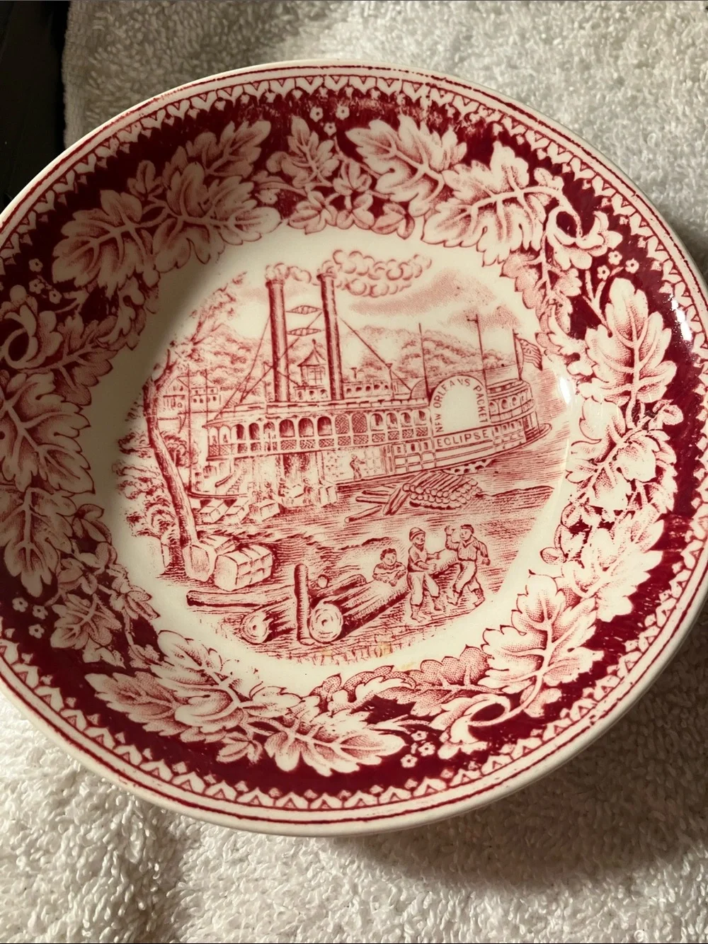 Vintage Red Transferware Decorative Bowl Pair - Classic Red Steamboat 5 1/4” x2